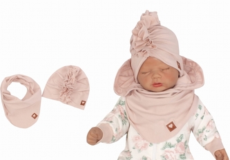 Stylová dětská jarní/podzimní bavlněná čepice, turban s šátkem, pudrová, vel. 68/80; 68-80 (6-12m)