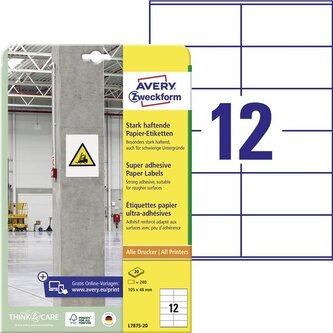Avery Zweckform etikety 105mm x 48mm, A4, bílé, 12 etiket, s vysokou lepivostí, baleno po 20 ks, L7875-20, pro laserové a inkousto