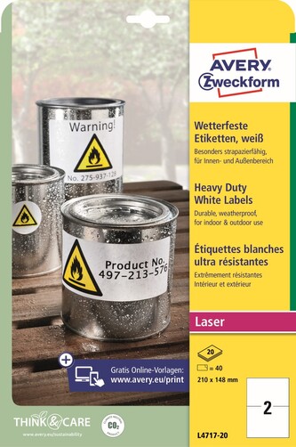Avery Zweckform etikety 210mm x 148mm, A4, matné, bílé, 2 etikety, velmi odolné, baleno po 20 ks, L4717-20, pro laserové tiskárny