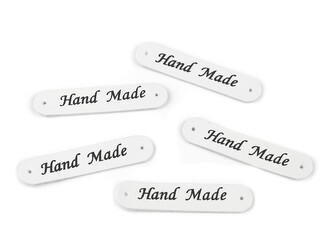 Nášivka / štítek z eko kůže Hand Made 10x48 mm - 50 ks - 1 bílá mat