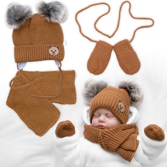 Dětská sada, zimní čepice s šálou + rukavičky 3D, Teddy Bear - hnědá; 56-68 (0-6 m)