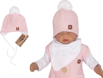 Z&Z Dvouvrstvá pletená čepice na zavazování s bambulí, růžová; 56 (1-2m)