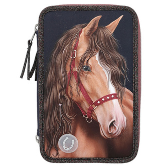 Penál s výbavou a světelným efektem Miss Melody, Tmavě modrý, hnědý kůň, 3 patrový