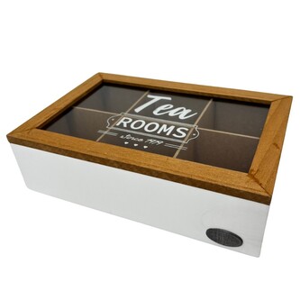 Box na čaje se šesti přihrádkami, bílá s dřevěným víkem