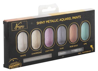 Sada metalických akvarelových barev, 6 ks  barev, štětec - white