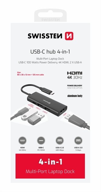 SWISSTEN USB-C HUB 4-IN-1 (USB-C 100W, HDMI 4K, 2x USB-A) ALUMINIUM