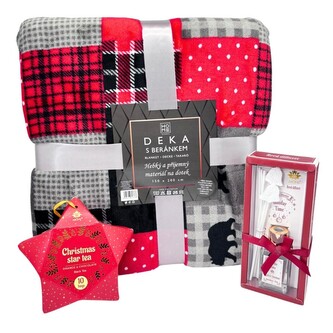 HOME ELEMENTS Vánoční set beránková deka Tlapkové káro a čaj hvězda a difuzér