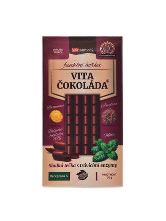 VitaHarmony - VitaČokoláda funkční hořká 70g receptura A - bromelain amyláza máta