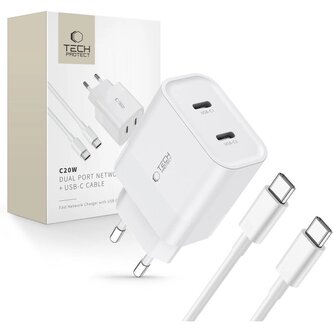 Ładowarka Tech-Protect C20W sieciowa 2x USB-C PD 20W z kablem USB-C / USB-C - biała