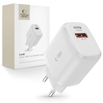 Ładowarka Tech-Protect C20W sieciowa USB-C PD 20W / USB-A QC 3.0 - biała