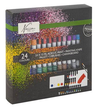 Akrylové barvy 24 ks x 12 ml, paleta, 2 štětce, malířská deska, malířská špachtle