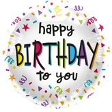 Foliový balonek Happy Birthday To You, konfety a serpentiny, 45 cm