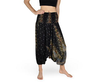 Harémové kalhoty aladin NATSU, paví věž multicolor, černá, bez šňůrky, plamínky v pase