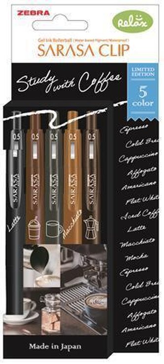 Gelové pero "Sarasa Study with Coffee", 5 barev, sada, 0,33 mm, stiskací mechanismus, ZEBRA 81456