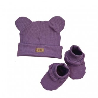 Stylová čepička s oušky s botičkami, 2D - purple, vel. 80/86; 80/86 (12-18m)