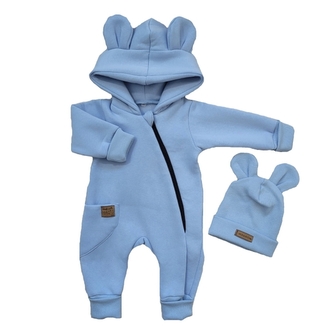 Oteplený dětský overal bez šlapek s kapucí + čepička, 2D, modrý, vel. 68; 68 (3-6m)