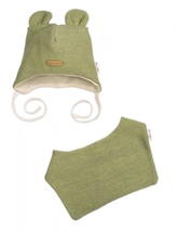 Pletená čepice s bavlněnou podšívkou a šátkem 2v1, Teddy Hand made - oliva, 68/74; 68/74 (6-9m)