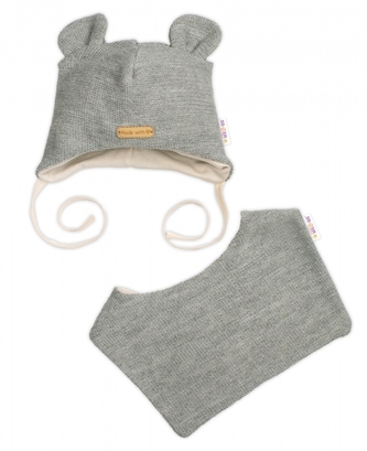 Pletená čepice s bavlněnou podšívkou a šátkem 2v1, Teddy Hand made - šedá, 68/74; 68/74 (6-9m) Pletená čepice s bavlněnou podšívkou a šátkem 2v1, Teddy Hand made - šedá, 68/74; 68/74 (6-9m)