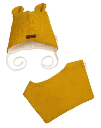 Pletená čepice s bavlněnou podšívkou a šátkem 2v1, Teddy Hand made - hořčicová, 68/74; 68/74 (6-9m)