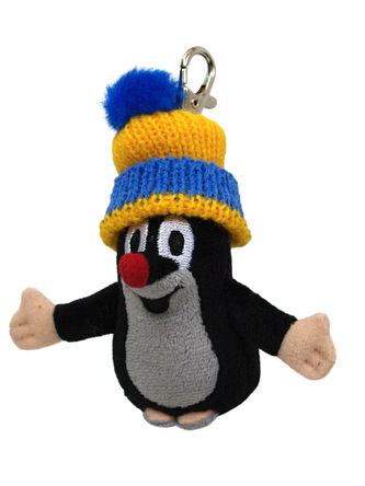 Krtek 10 cm, kulich modro-žlutý, plyšový přívěsek na karabince