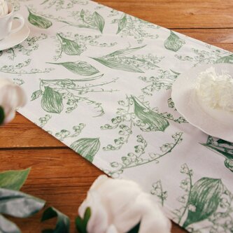 Vzorovaný ubrus - běhoun na stůl  LILY OF THE VALLEY | se vzorem konvalinek | 40x160 cm | 734113