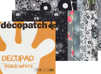 Papiery do decoupage 15 x 16 cm 12 wzorów czarnych i białych w bloku na spirali BLOC07, Decopatch
