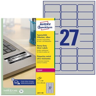 Etykiety znamionowe 63,5x29,6mm poliestrowe srebrne 27x100ark, Avery