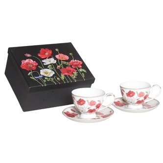 HOME ELEMENTS Šálek s podšálkem 2 x 250 ml, Máky bílé