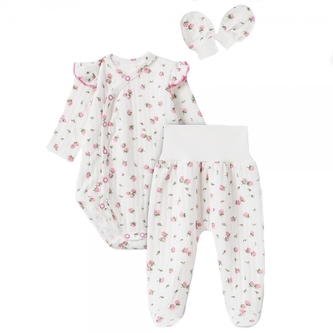 Bavlněná 3D sada, zavinovací body, polodupačky + rukavičky, Amélie, bílá/růžová; 56 (1-2m)