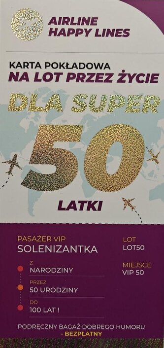 Karnet karta pokładowa 50 urodziny damskie