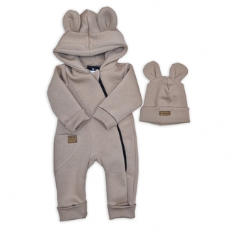 Oteplený dětský overal bez šlapek s kapucí + čepička, 2D, Kazum, cappuccino, 80; 80 (9-12m)