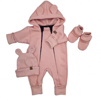 Oteplený dětský overal bez šlapek s kapucí, čepička + botičky, 3D, koralový, vel. 80; 80 (9-12m)