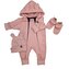 Oteplený dětský overal bez šlapek s kapucí, čepička + botičky, 3D, koralový, vel. 74; 74 (6-9m)
