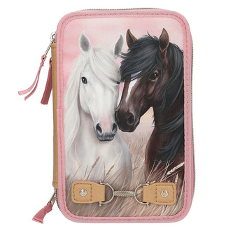 Penál 3 patra s výbavou Miss melody, Růžový, zlatý zip, hnědý a bílý kůň