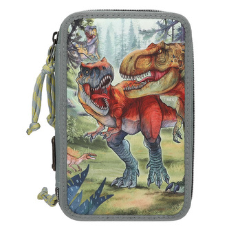 Penál 3 patra s výbavou Dino World, Šalvějově zelený, motiv T-Rexe