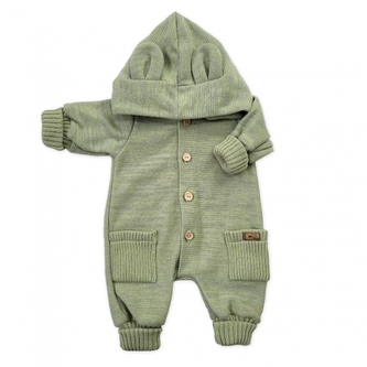 Dětský pletený overálek s odepínací kapucí - olivový; 56/62 (0-3m)