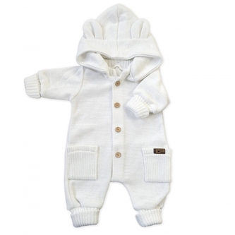 Dětský pletený overálek s odepínací kapucí - kokosově bílý; 56/62 (0-3m)