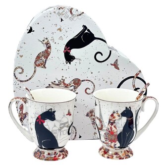 HOME ELEMENTS Sada dvou šálků 280 ml se lžičkami, Kočky