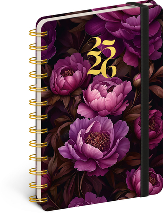 NOTIQUE Spirálový 18měsíční diář Petito – Fialové květy 2025/2026, 13 x 18 cm