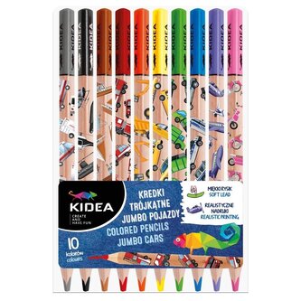 Kredki trójkątne jumbo Pojazdy 10 kolorów KIDEA