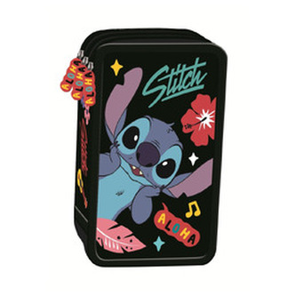 Piórnik szkolny potrójny z wyposażeniem. Stitch Black Aloha