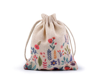 Dárkový pytlík jarní 10x13 cm lněný s květy - 10 ks - 1 režná