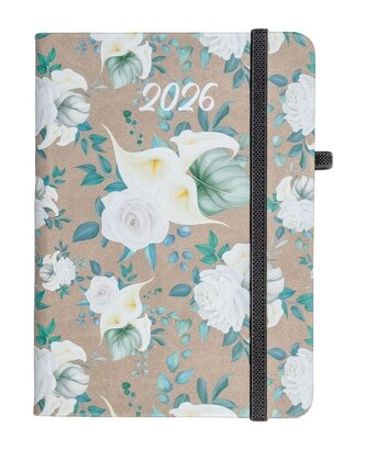 Kalendarz 2026 A6 tyg. Flamenco białe kwiaty