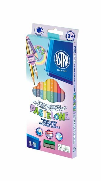 Kredki ołówkowe trójkątne dwustronne pastelowe ASTRA PASTEL LINE - 12=24 kolorów z temperówką - złoto-srebrna kredka w komplecie 312023902