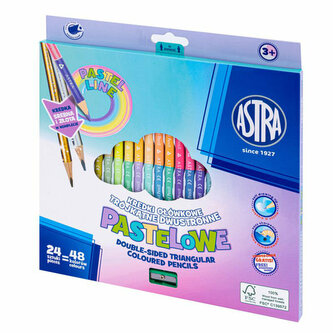 Kredki ołówkowe trójkątne dwustronne pastelowe ASTRA PASTEL LINE - 24=48 kolorów z temperówką, złoto-srebrna kredka w komplecie 312023906