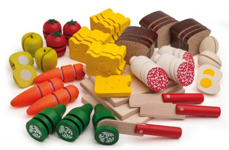 Zestaw drewnianych produktów spożywczych do krojenia i przygotowywania posiłków Erzi Zestaw drewnianych produktów spożywczych do krojenia i przygotowywania posiłków Erzi
