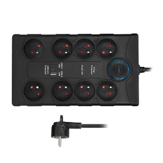 Solight přepěťová ochrana, 8z, USB A+CA, 2m, černá