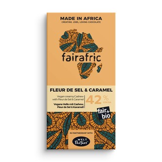 Fairafric Bio vegan čokoláda s kešu, karamelem a Fleur de sel, vyrobená v Ghaně, 80 g