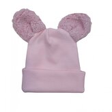 Dvouvrstvá žebrovaná čepička s oušky medvídek - růžová; 56/62 (0-3m)