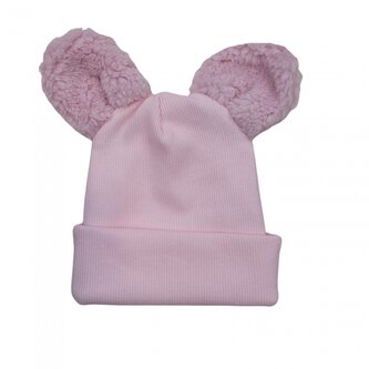 Dvouvrstvá žebrovaná čepička s oušky medvídek - růžová; 56/62 (0-3m)